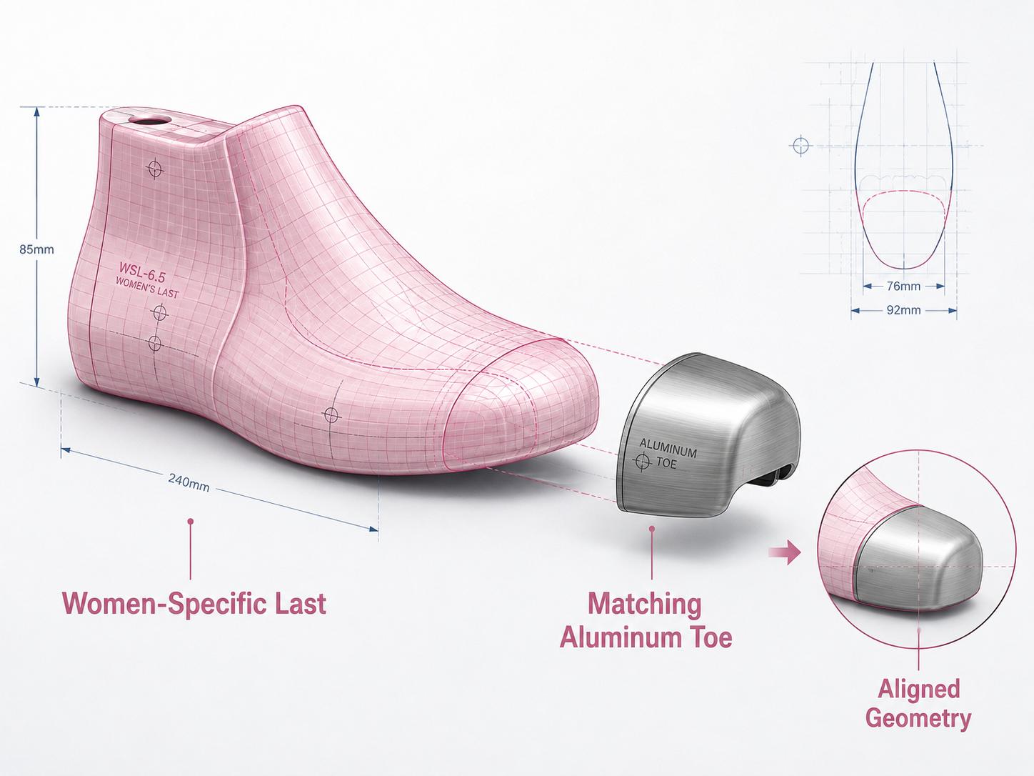 Women-specific last and aluminum safety toe geometry