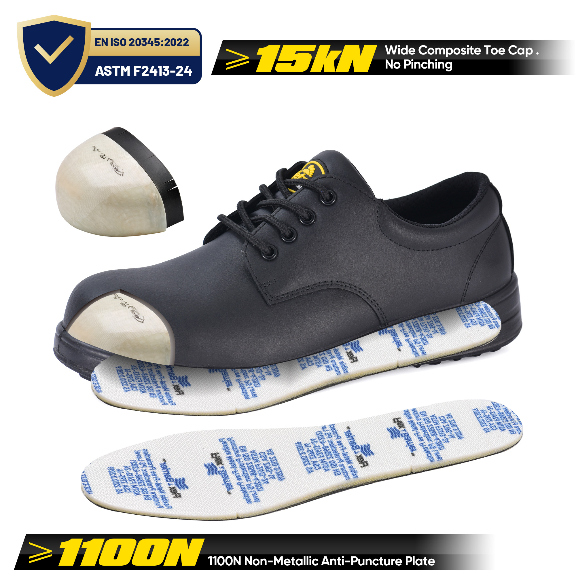 Engineer safety work shoes with wide composite toe cap and non-metallic puncture-resistant textile midsole