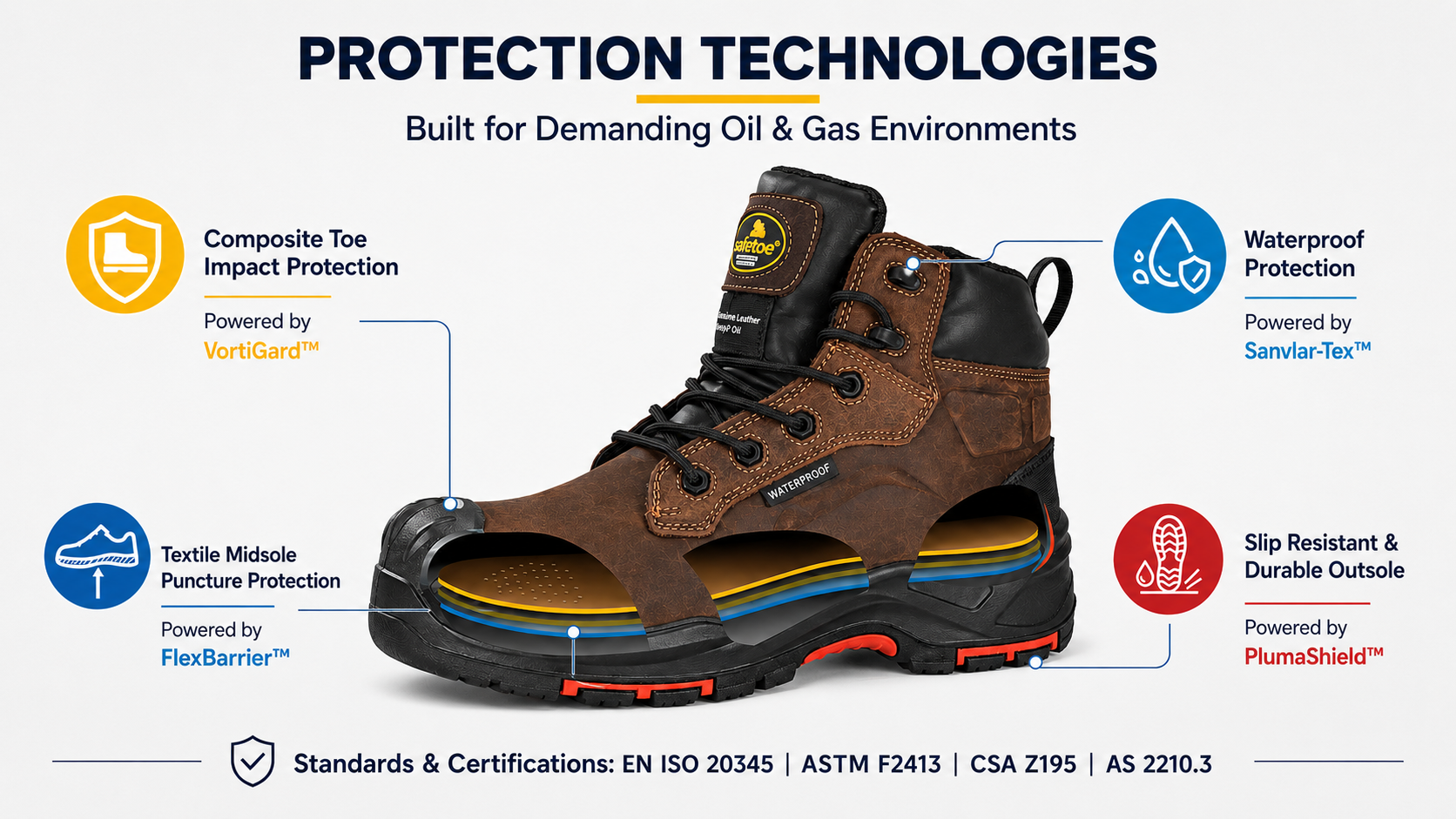 Oil and gas safety boots with toe puncture slip and waterproof protection