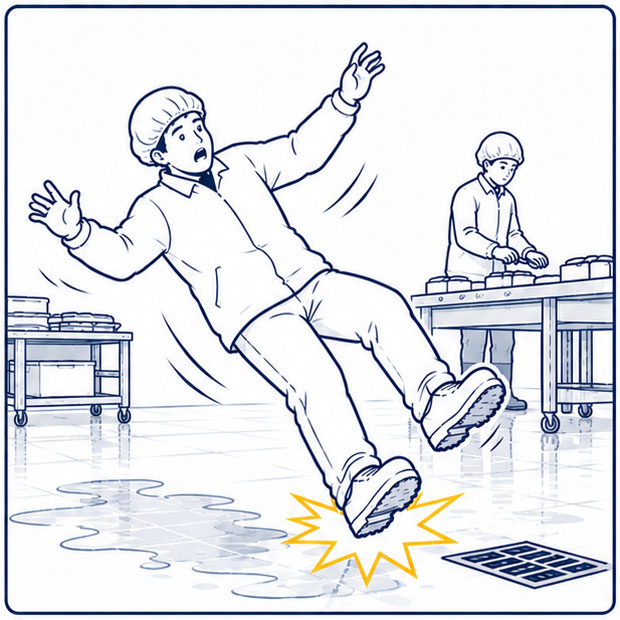 Food processing worker slipping on a wet floor with liquid exposure