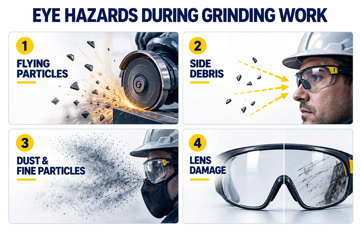 Common eye hazards during metal grinding including flying particles dust and side debris