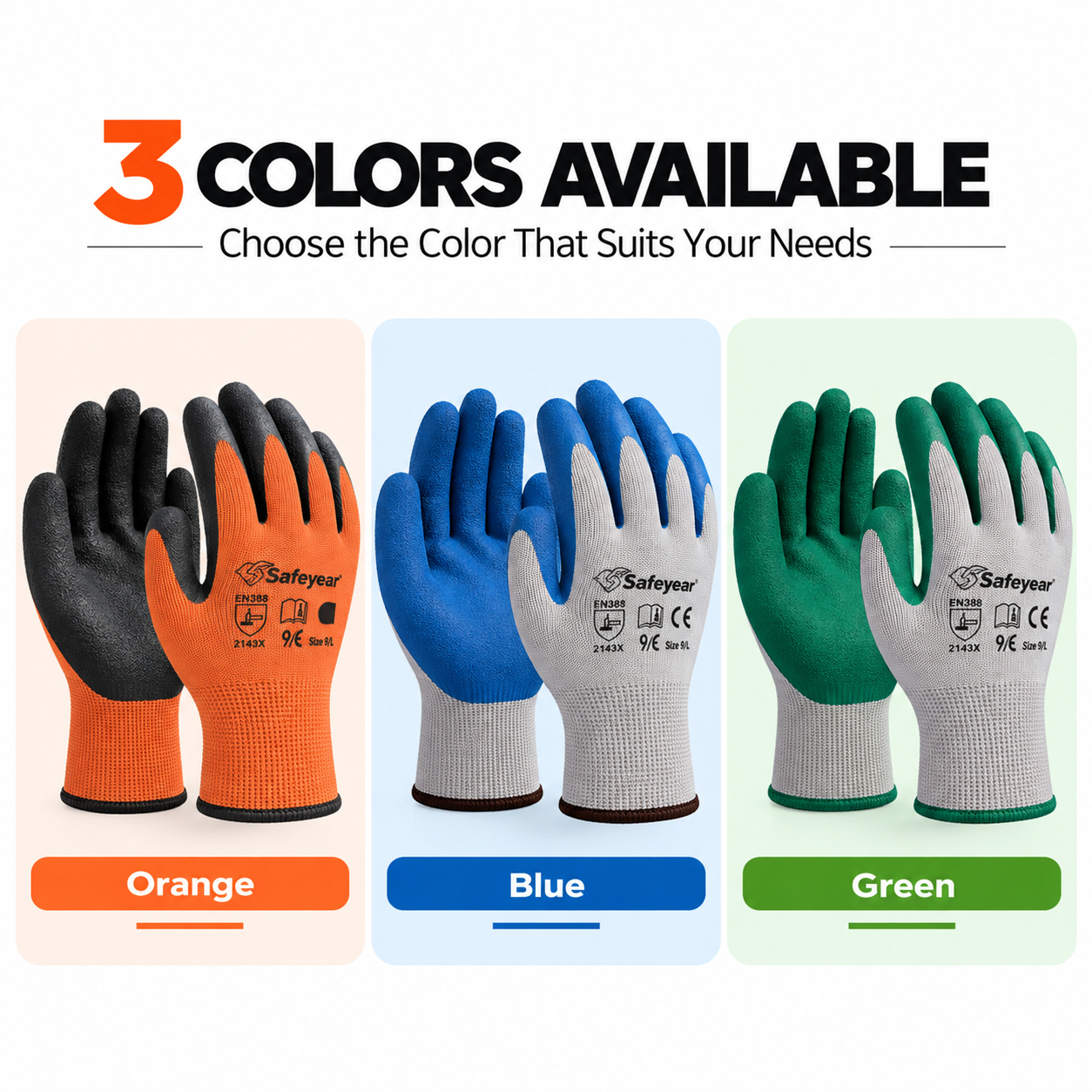 Safeyear LY3013 Latex Coated Work Gloves in Orange Blue and Green