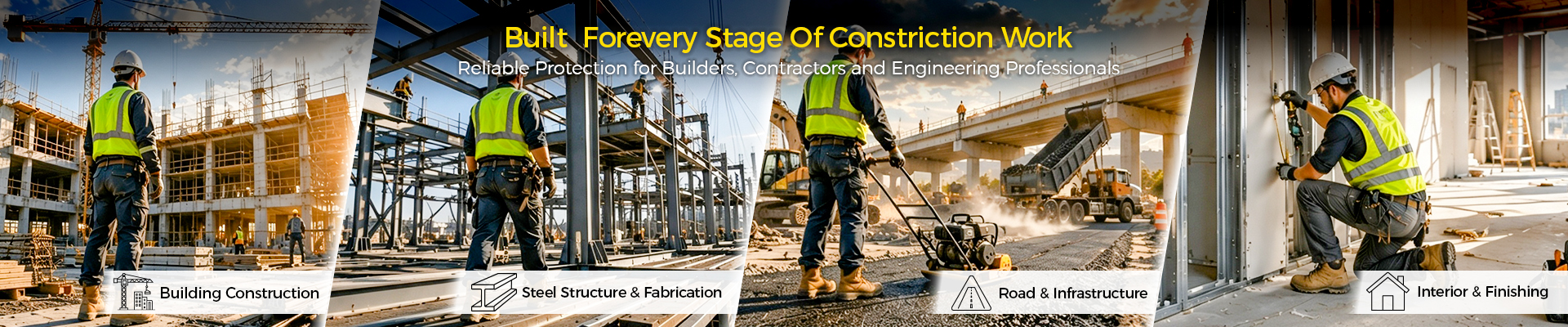 Construction safety footwear solutions showing builders, contractors and industrial workers in building, infrastructure and maintenance environments
