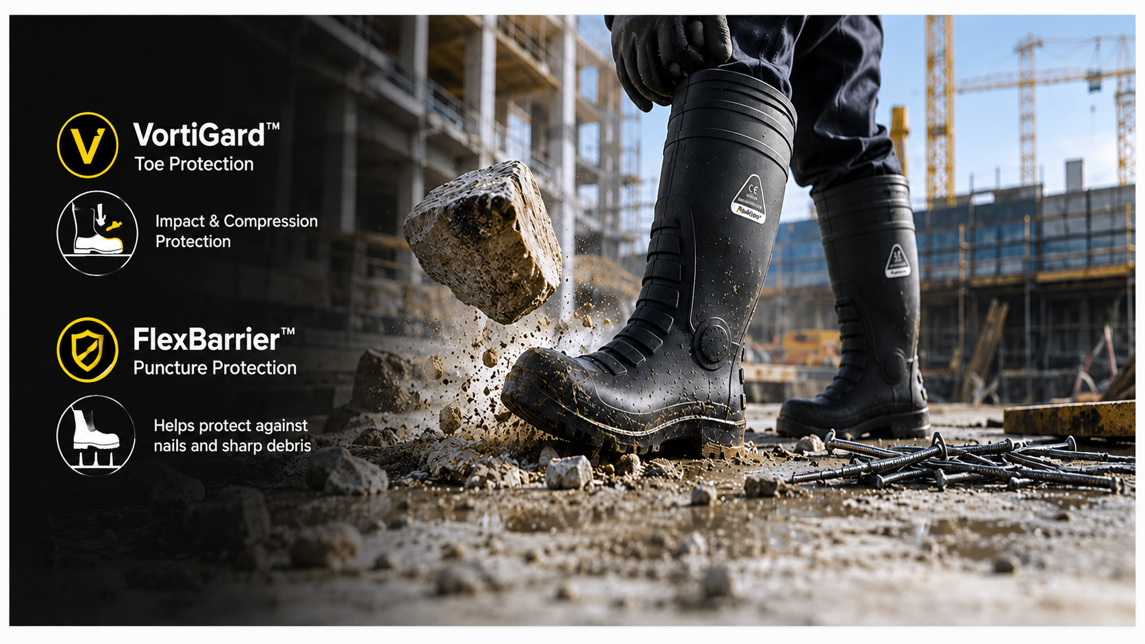 Construction Wellington boots with toe and puncture protection for jobsite hazards