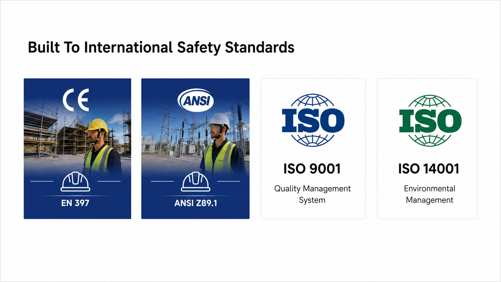 Construction safety helmet standards including EN 397, ANSI Z89.1, ISO 9001 and ISO 14001