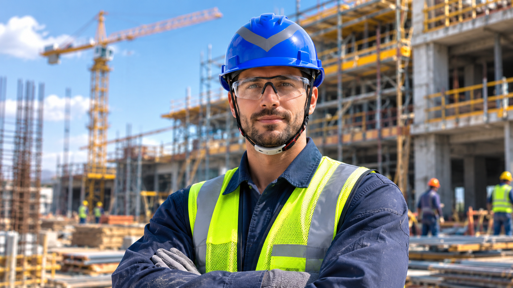 Construction worker wearing a blue safety helmet and reflective vest at an active building site