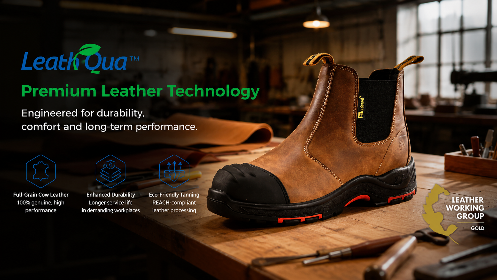 Brown leather Chelsea safety boot featuring LeathQua premium leather technology in a footwear workshop