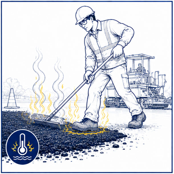 Worker stepping on a high-temperature surface, illustrating hot asphalt and heat hazards in road paving work