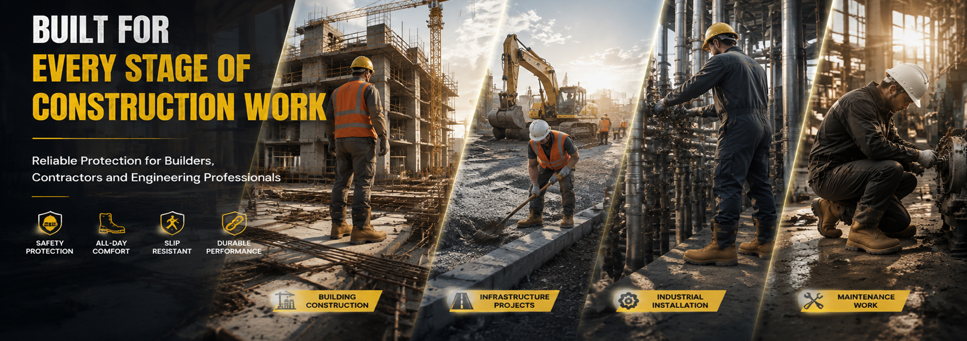 Construction safety footwear solutions showing builders, contractors and industrial workers in building, infrastructure and maintenance environments