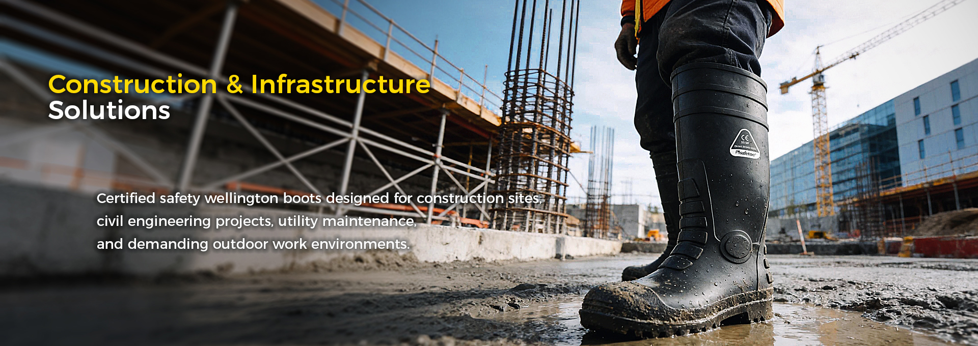 Construction worker wearing safety Wellington boots on a wet construction site