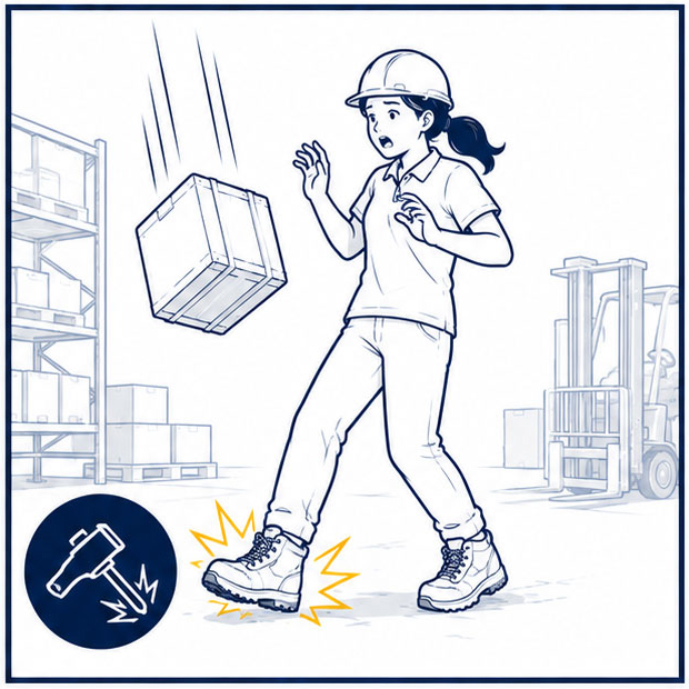 Female warehouse worker facing falling object hazards highlighting protective toe caps in women's safety shoes