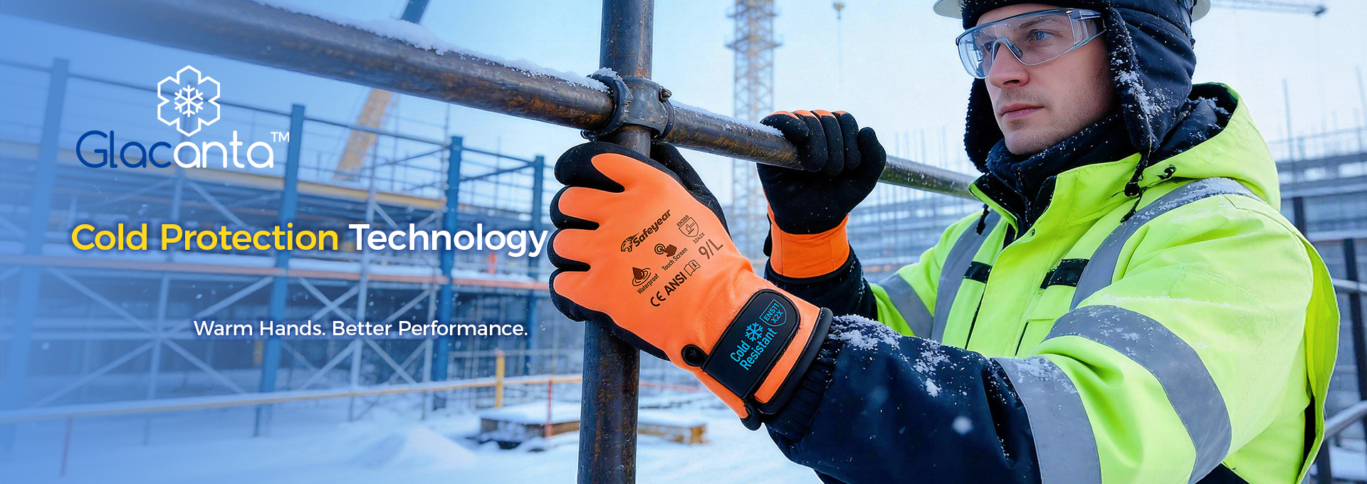 Worker wearing cold weather work gloves while handling scaffolding at a snowy construction site