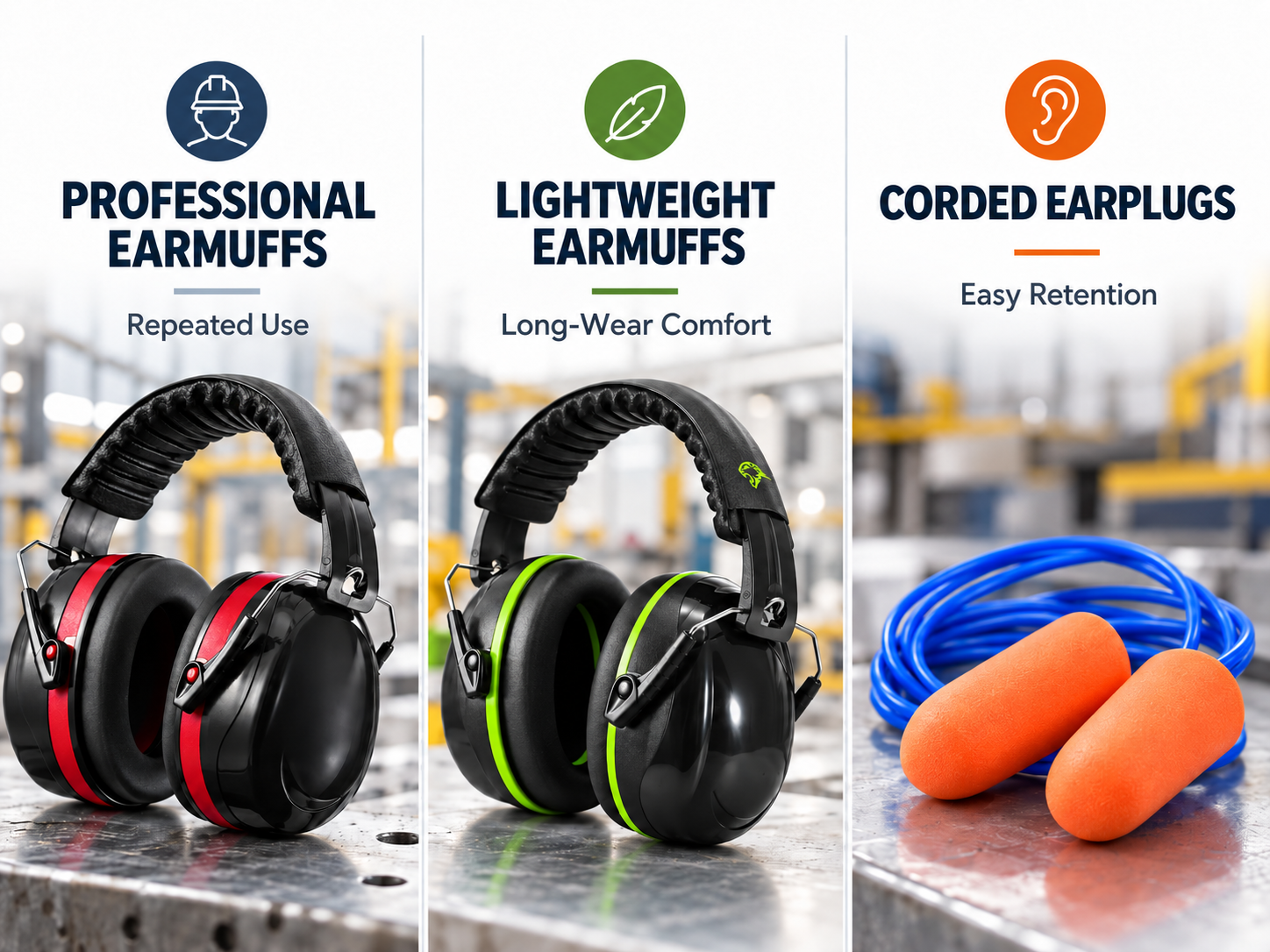 Safety earmuffs and corded earplugs for manufacturing hearing protection