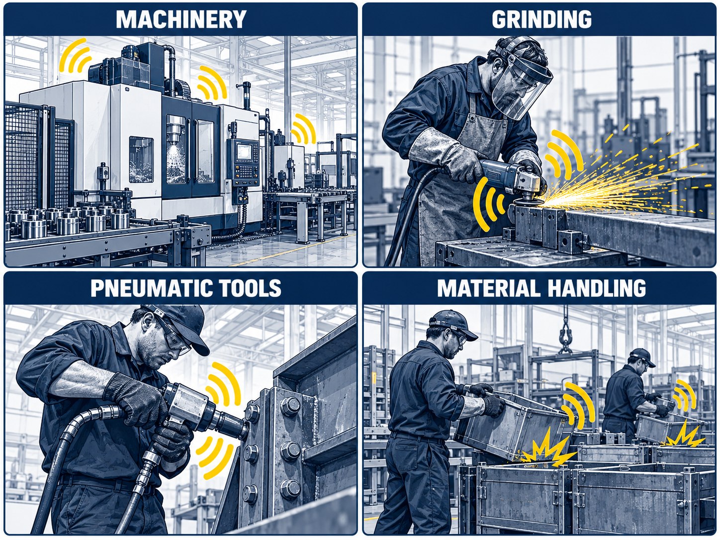 Common manufacturing noise hazards from machinery, grinding, pneumatic tools and material handling