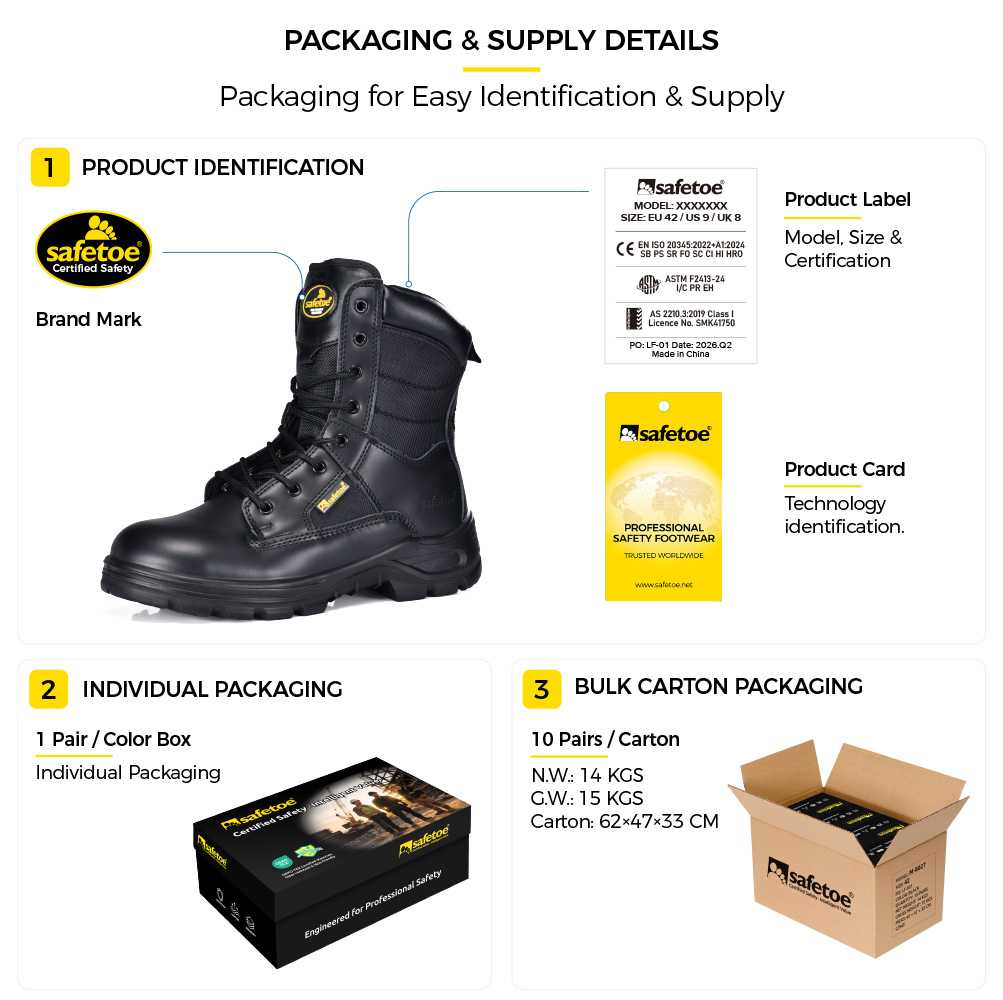 Safetoe H-9438 OB tactical occupational boots packaging details showing product label, individual shoe box and bulk carton supply
