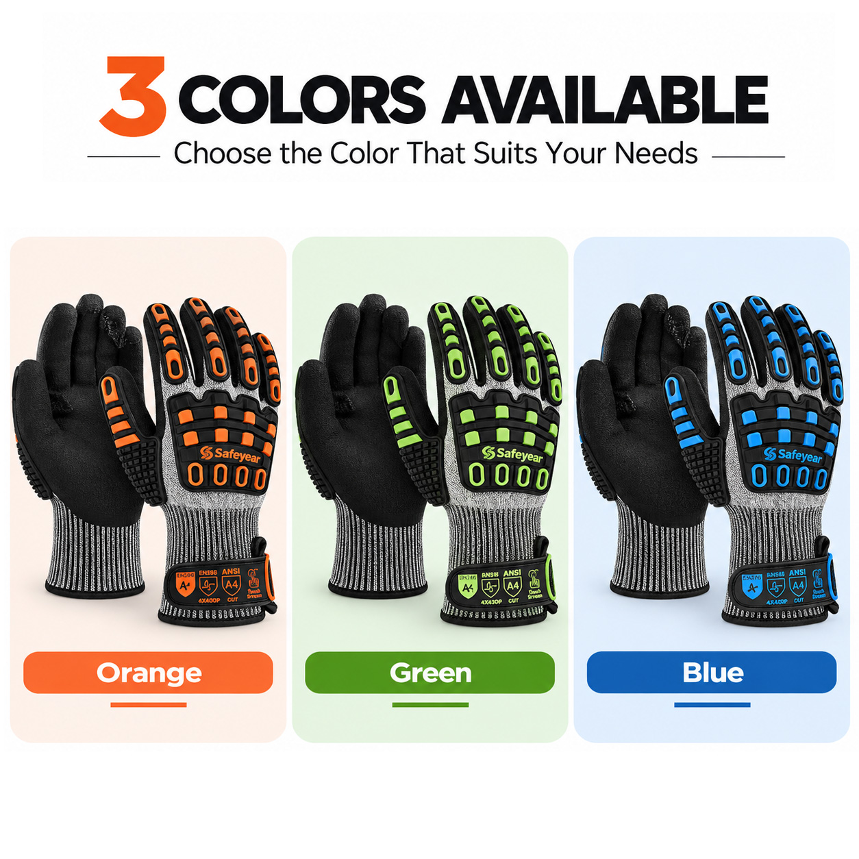 TPR9004 Cut and Impact Resistant Gloves in Orange Green and Blue