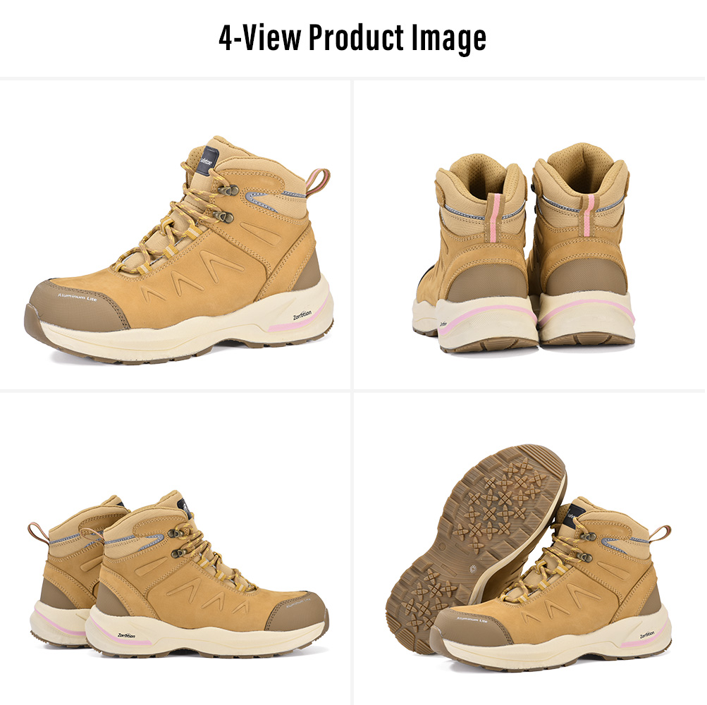 Four views of Safetoe M-8553W Pro tan women's lace-up safety boots with aluminum toe and slip-resistant E-TPU/rubber outsole