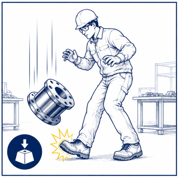 Heavy metal component falling toward a worker’s foot, illustrating impact hazards and the need for protective toe caps in metalworking workplaces