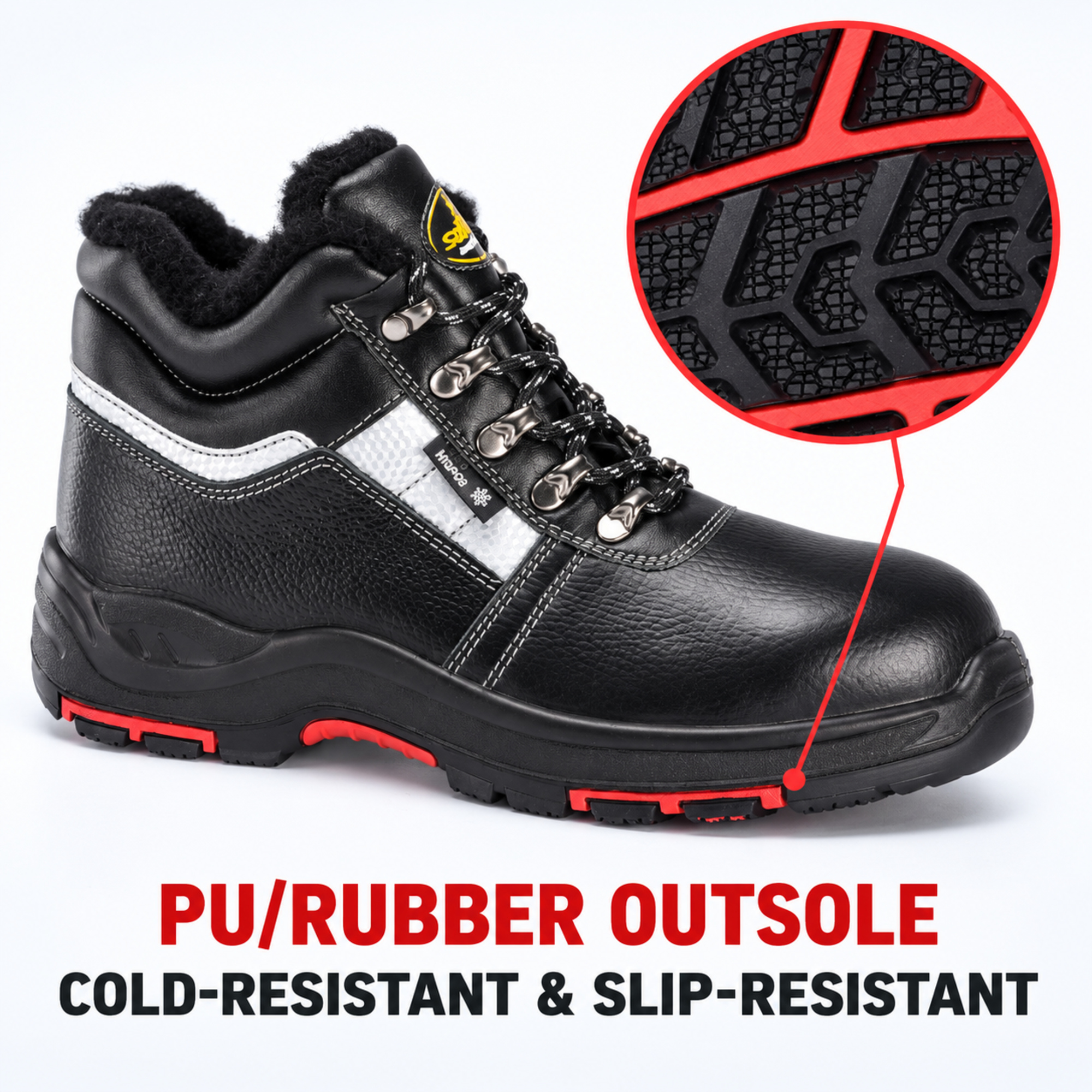Safetoe M-8027 winter safety boot showing warm lining and slip-resistant outsole