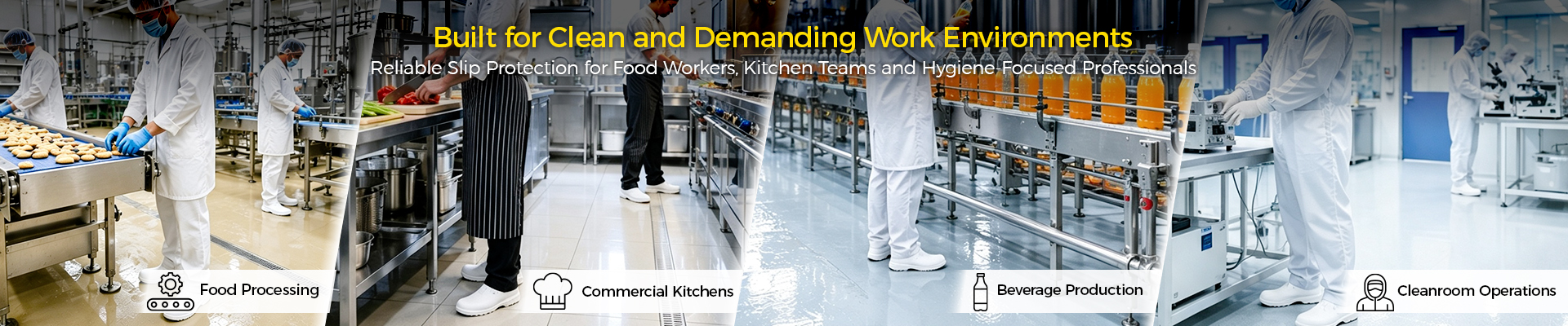 Food and cleanroom safety footwear for food processing workers, kitchen professionals and hygiene-controlled workplaces