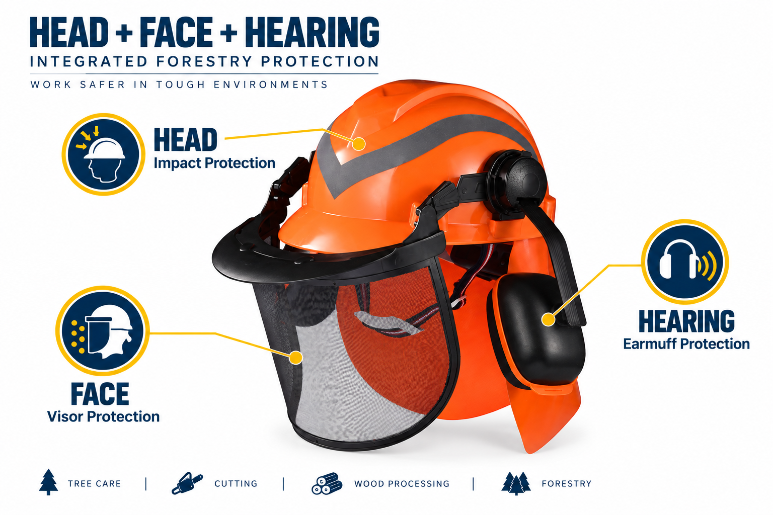 Integrated forestry helmet with head face and hearing protection