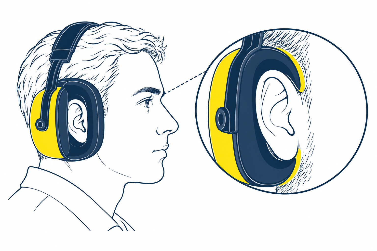 Illustration showing how an earmuff cushion contacts the head around the ear