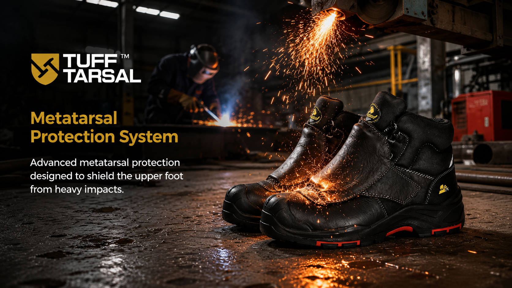 Black safety boots with TuffTarsal metatarsal protection in a metalworking factory with grinding sparks