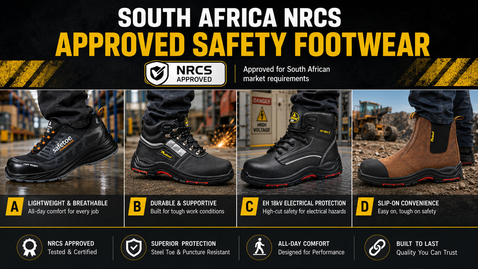 South Africa NRCS approved safety footwear collection with lightweight, durable, electrical hazard and slip-on safety shoes