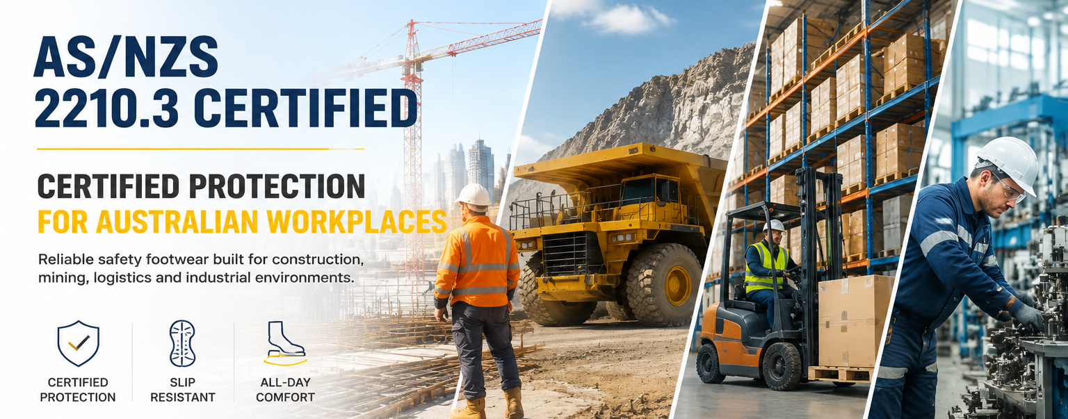 AS/NZS certified safety footwear for Australian and New Zealand workplaces including construction, mining, logistics and industrial environments