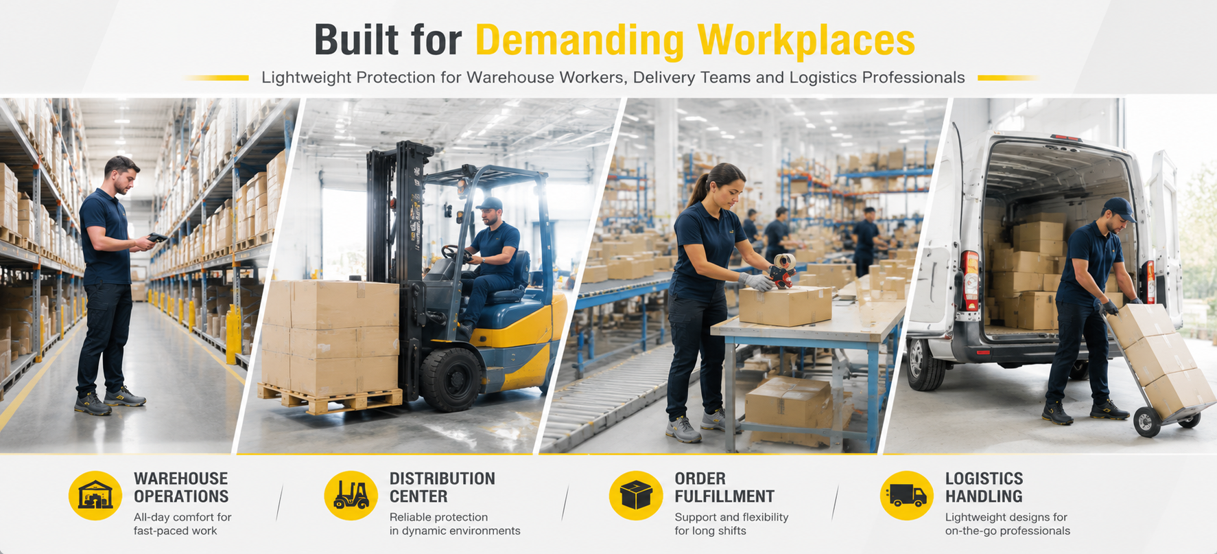 Logistics and warehousing safety footwear solutions featuring warehouse workers, delivery teams and distribution professionals in modern workplace environments