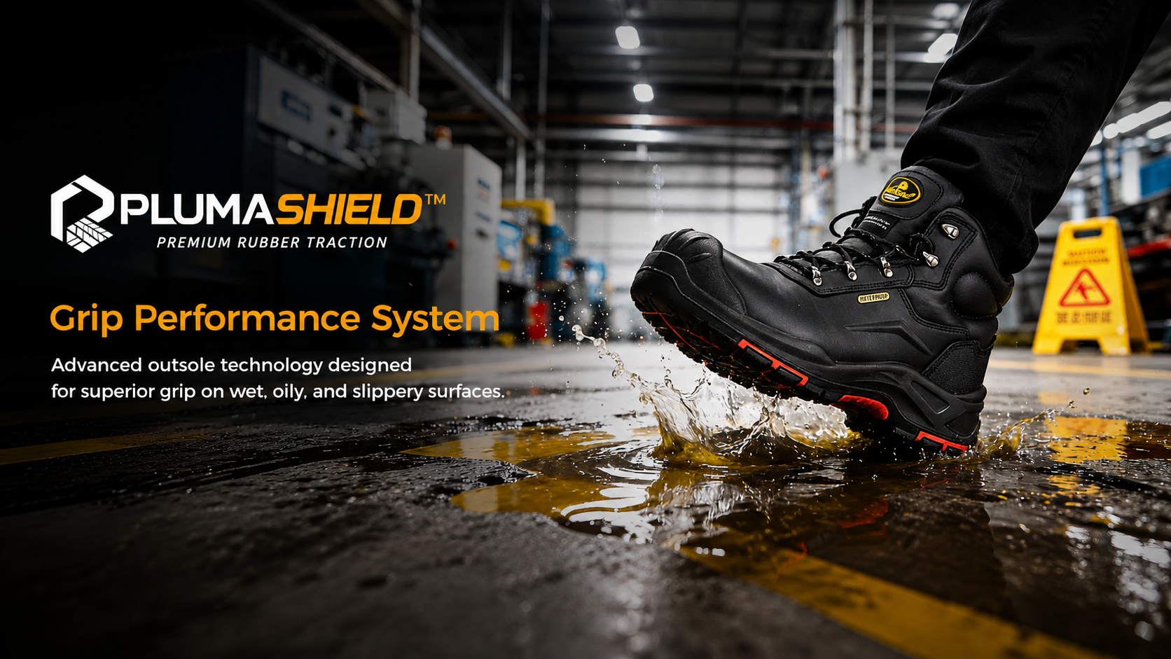 PlumaShield slip-resistant safety boot outsole providing traction on wet, oily and slippery industrial floors