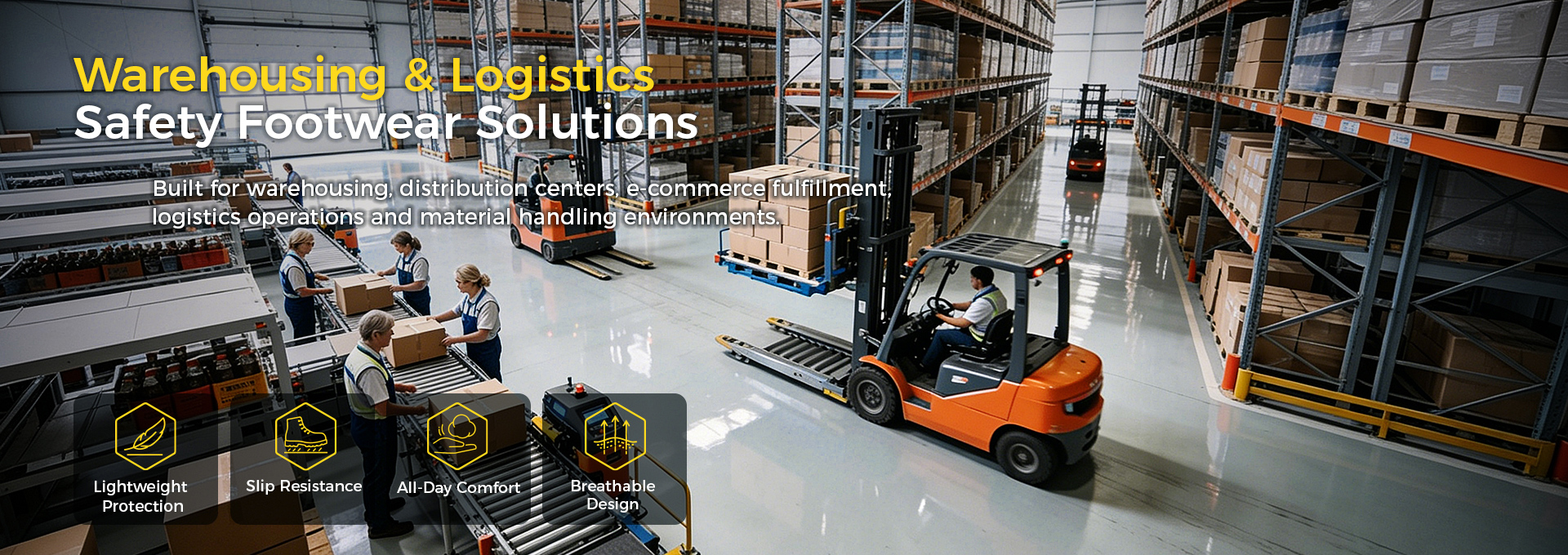 Warehouse and logistics safety footwear solutions for distribution centers, material handling and forklift operations