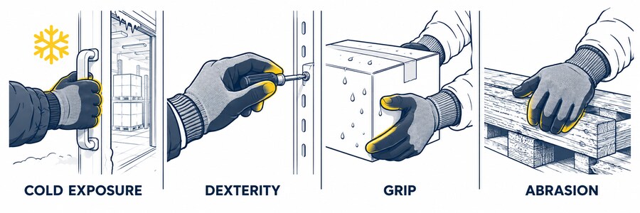 Cold weather work glove selection factors including thermal protection, dexterity, grip and abrasion resistance