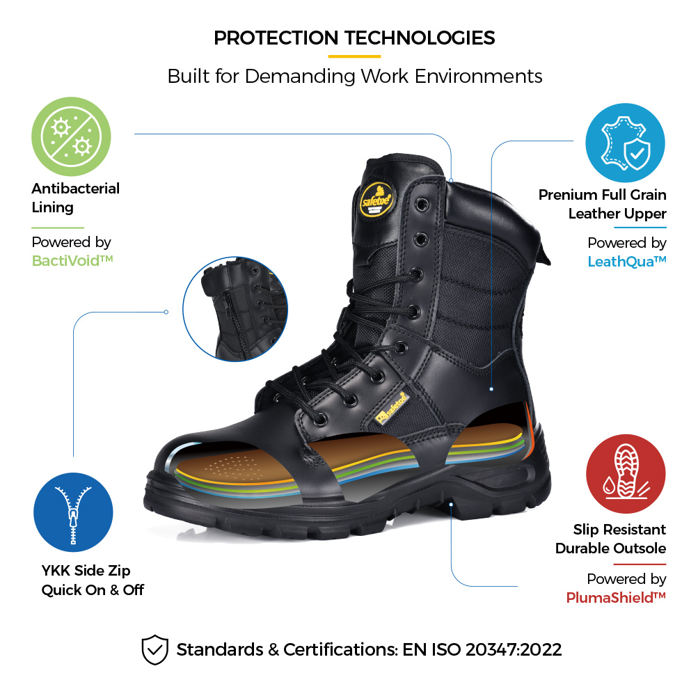 Safetoe H-9438 OB tactical occupational boot with antibacterial lining, full-grain leather upper, YKK side zip and slip-resistant outsole