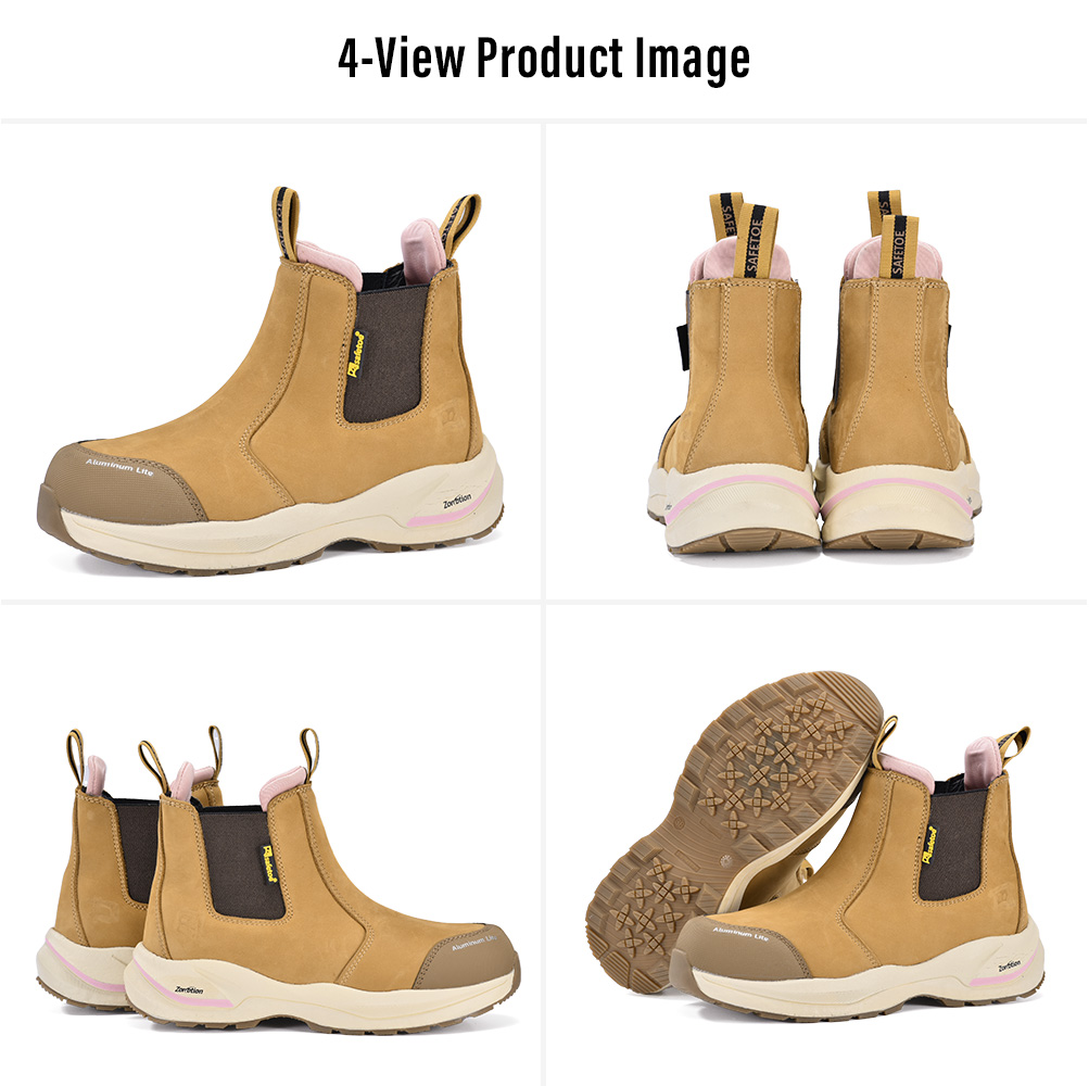 Four views of Safetoe tan women's Chelsea safety boots with aluminum toe, elastic side panels and slip-resistant E-TPU/rubber outsole