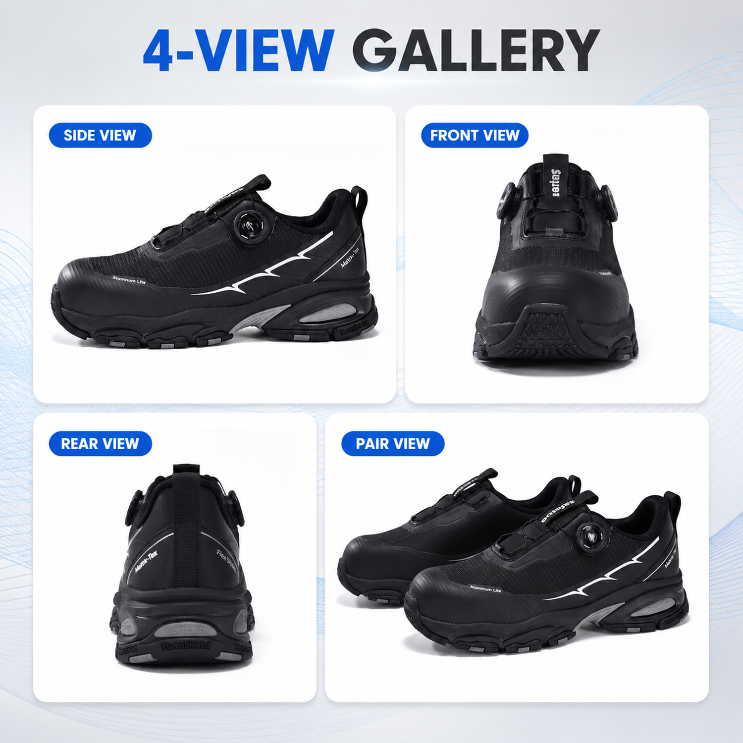 Four-view gallery of L-7601 black QuickDial™ safety shoes