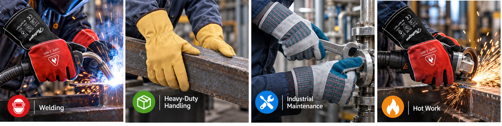 Leather work gloves for welding, hot work, heavy-duty handling and industrial maintenance