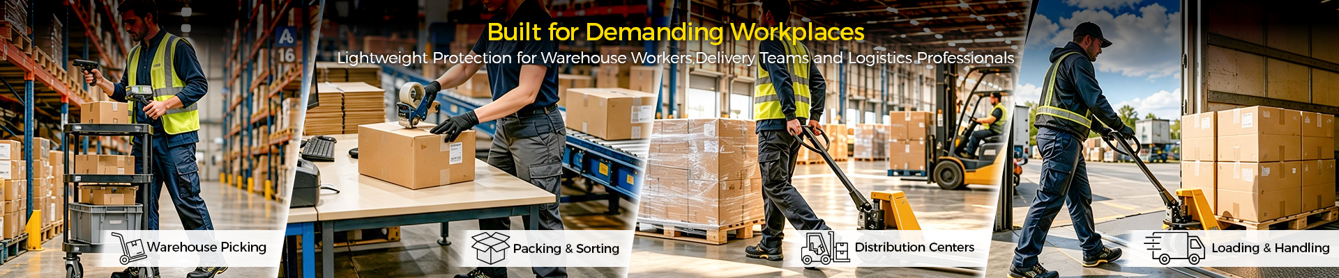 Logistics and warehousing safety footwear solutions featuring warehouse workers, delivery teams and distribution professionals in modern workplace environments