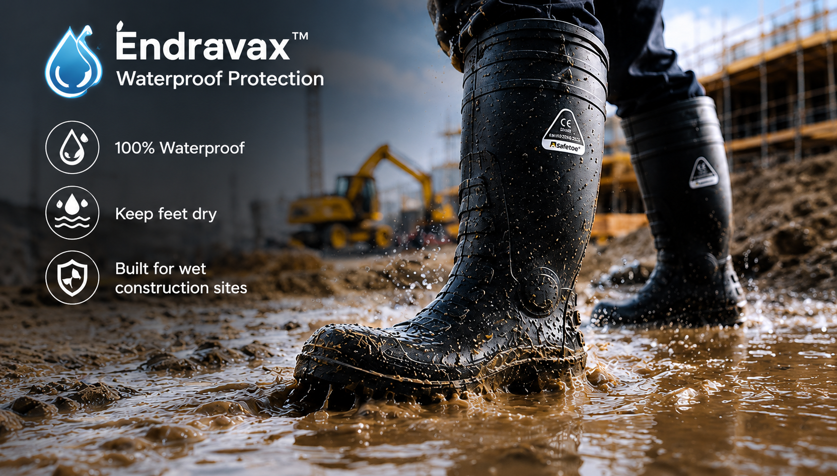 Waterproof construction Wellington boots for wet and muddy worksites