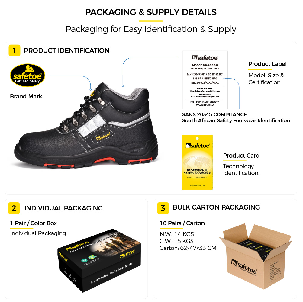 M-8027PR NRCS approved safety boots packaging label and carton details
