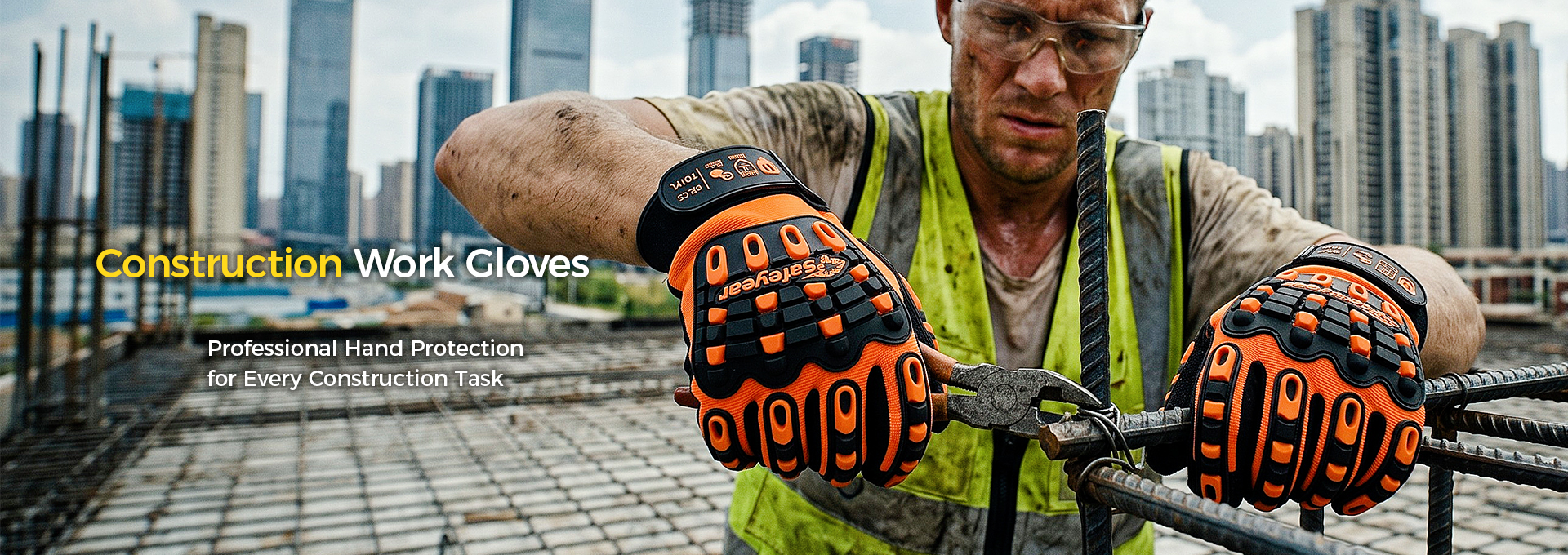 Construction worker wearing protective work gloves while handling building materials