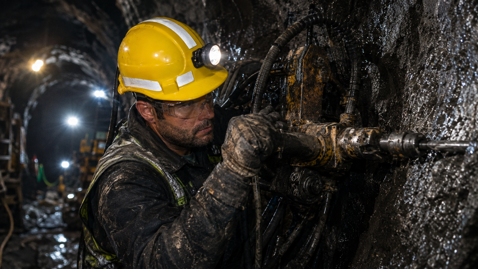 Underground miner wearing a yellow safety helmet with headlamp while operating drilling equipment