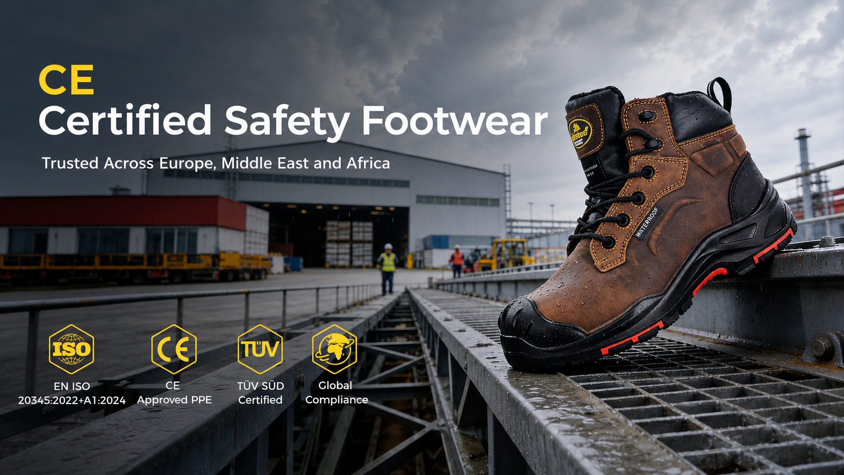 CE-certified waterproof safety boot for industrial workplaces, compliant with EN ISO 20345:2022+A1:2024