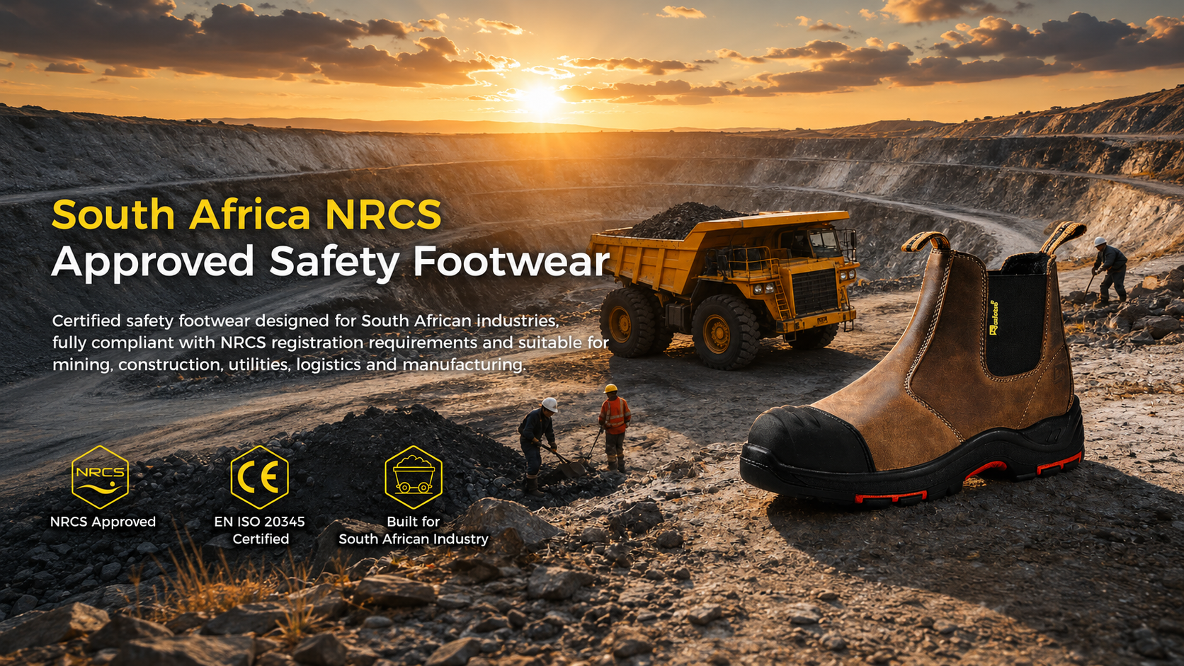 Brown safety boot displayed at a South African open-pit mine, promoting NRCS-approved safety footwear for mining industries