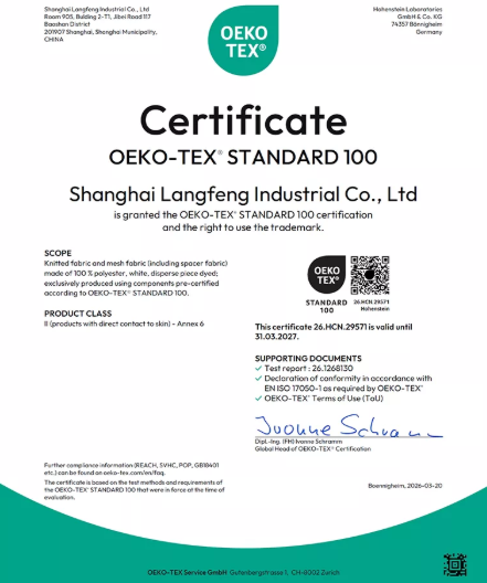 OEKO-TEX&reg; STANDARD 100 certificate issued to Shanghai Langfeng Industrial Co., Ltd. for knitted and mesh fabrics