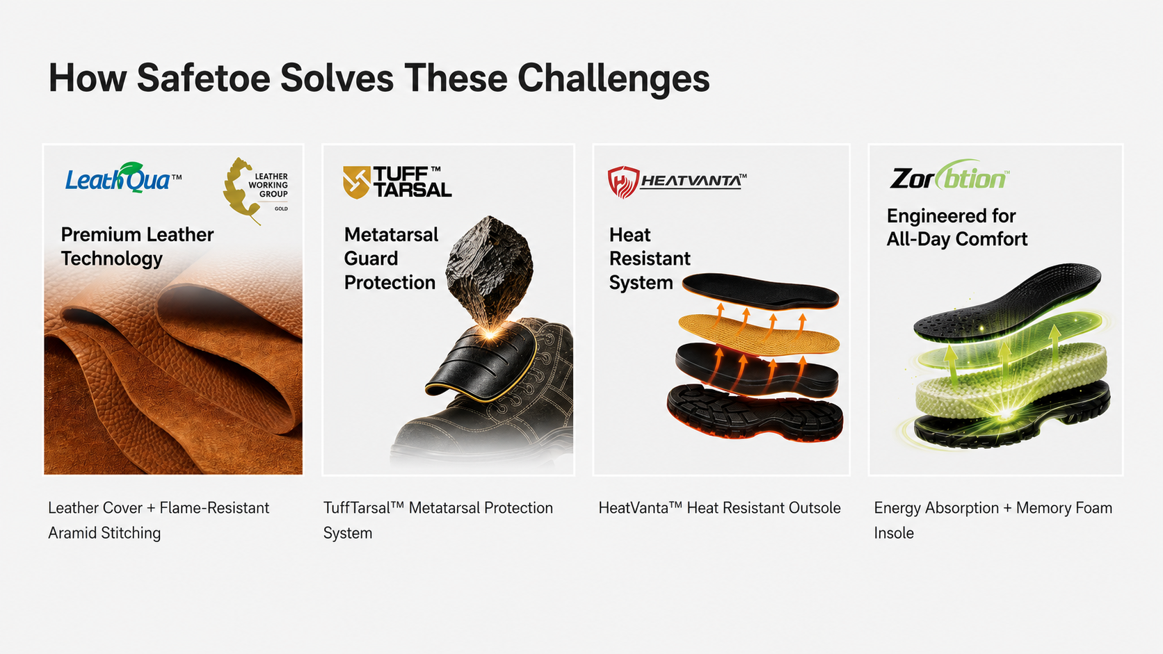 Safetoe welding safety footwear technologies for premium leather, metatarsal protection, heat resistance and all-day comfort