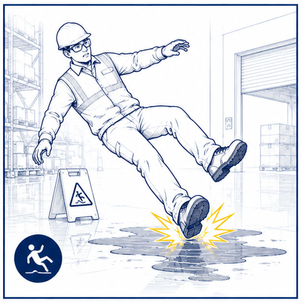Warehouse worker slipping on a wet floor highlighting the importance of slip-resistant safety footwear