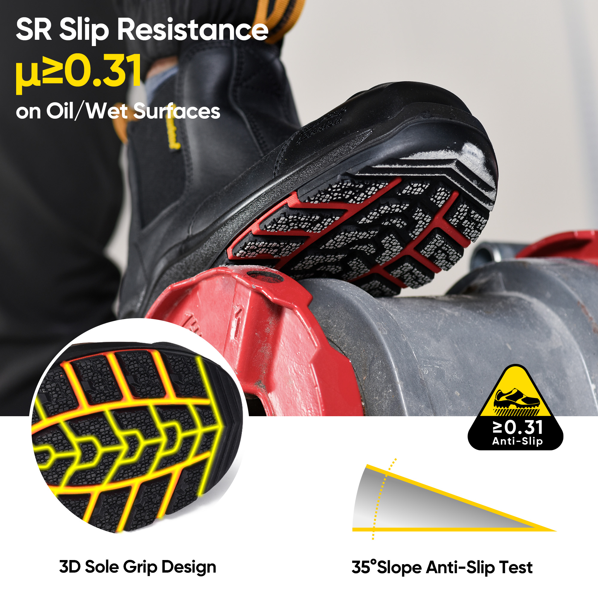 Safetoe M-8025NBK slip-resistant electrical safety boots for wet and oily industrial surfaces
