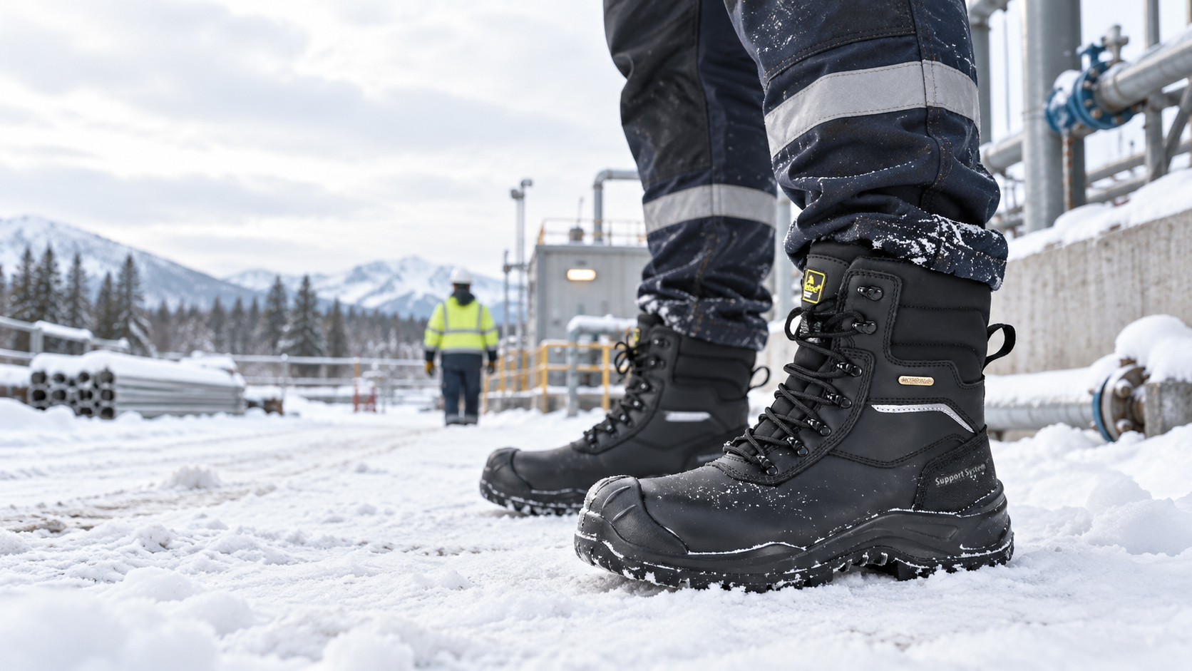 Worker wearing winter safety boots in a snowy industrial workplace