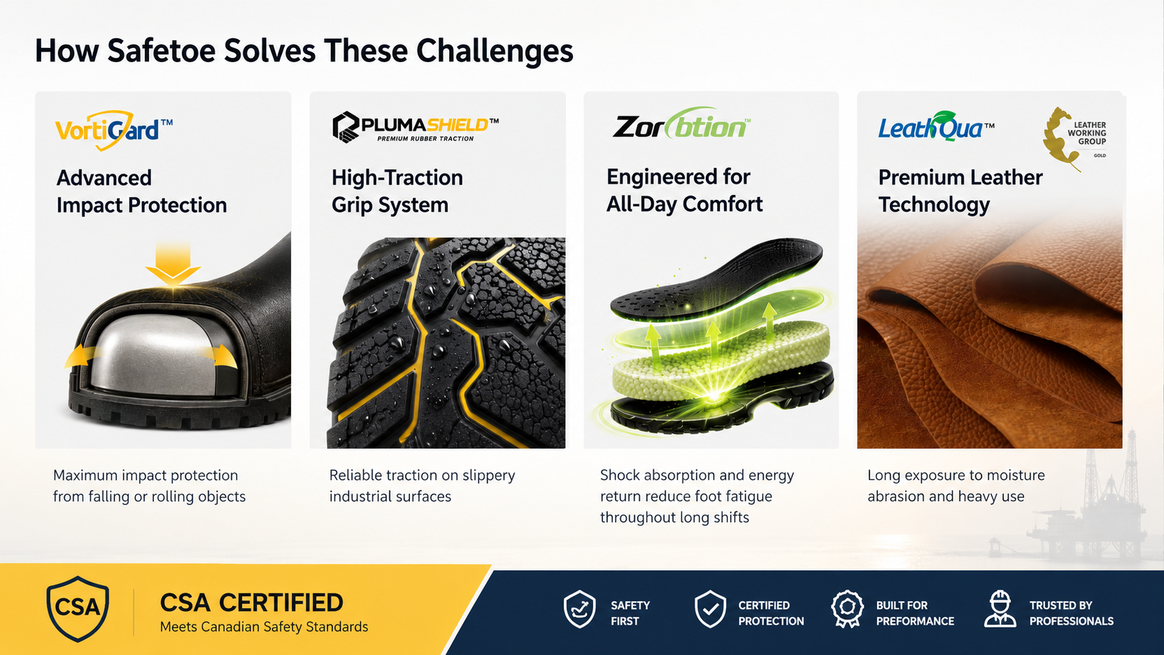 Safetoe manufacturing safety footwear technologies for impact protection, slip resistance, all-day comfort and leather durability